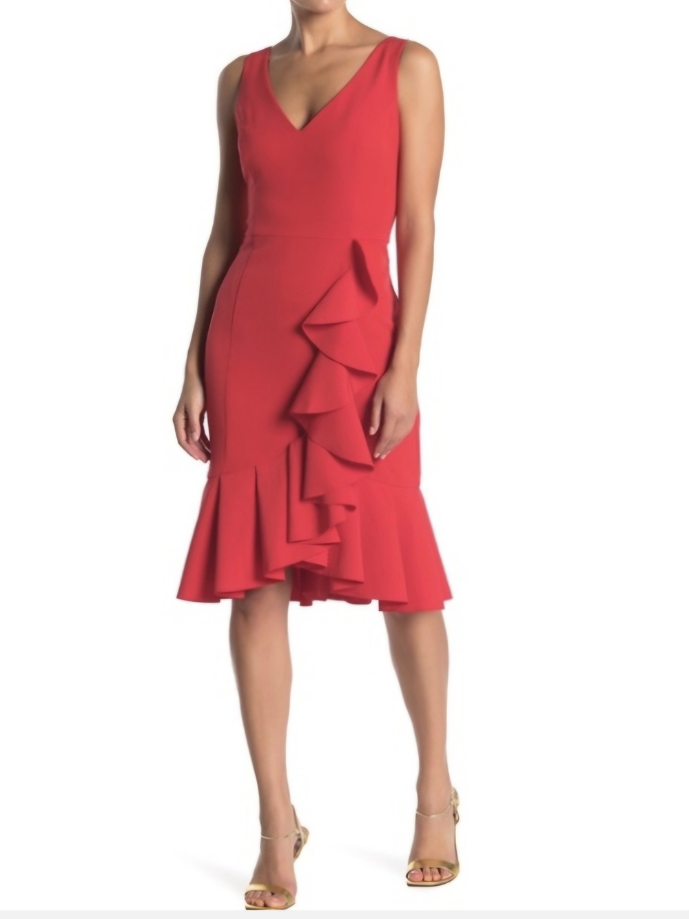 MARINA Red V-Neck Ruffle Midi Dress